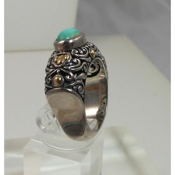 Elegant Vintage Turquoise Ring Sterling Silver 18K Gold Handmade Designer Size 8 - Picture 10 of 10